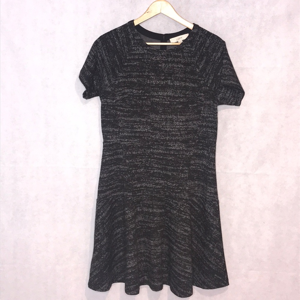 NWT LOFT Black Grey Marled Knit Ruffle Hem Dress